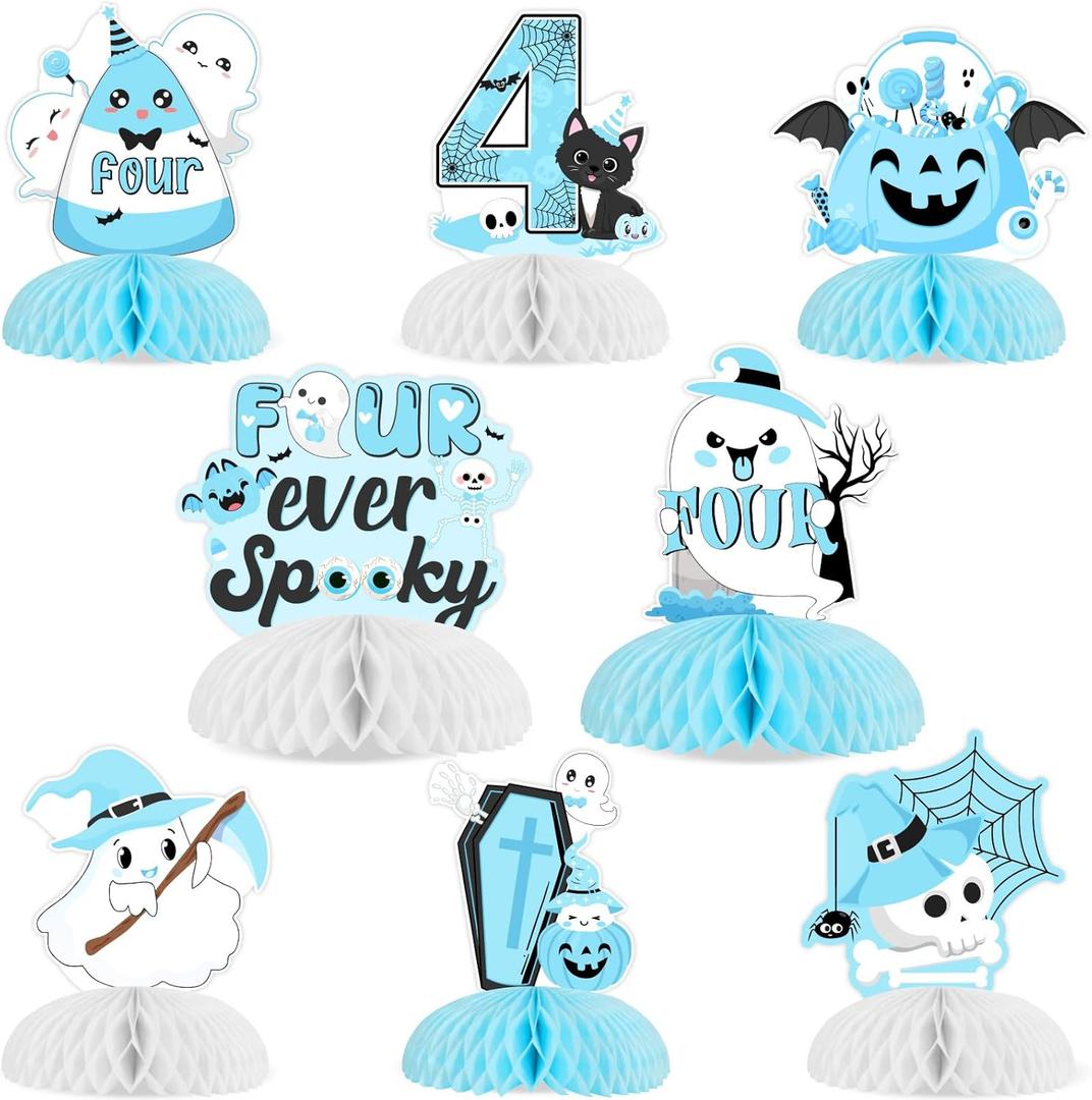 Cheereveal 8Pcs Halloween 4th Birthday Honeycomb Centerpieces for Boys, Four Ever Spooky Table Decorations Blue and Black, Ghost Bat Theme Halloween Birthday Baby Shower Party Supplies