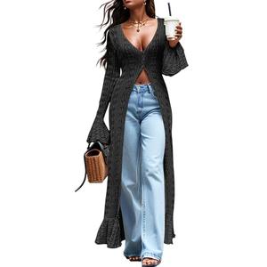 KWSTAIN Black Cardigan for Women Dressy Light Summer Hollow Out Button Up V Neck Womens Long Crocheted Duster Sweaters Coats 2025 Fall Y2K Girls (Black,S)