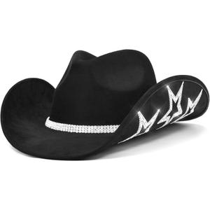Keilin Rhinestone Cowgirl Hat Disco Cowboy Hat Felt Western Nashville Bachelorette Party Hat for Teens and Adults (6 3/4-7 3/8, Black)