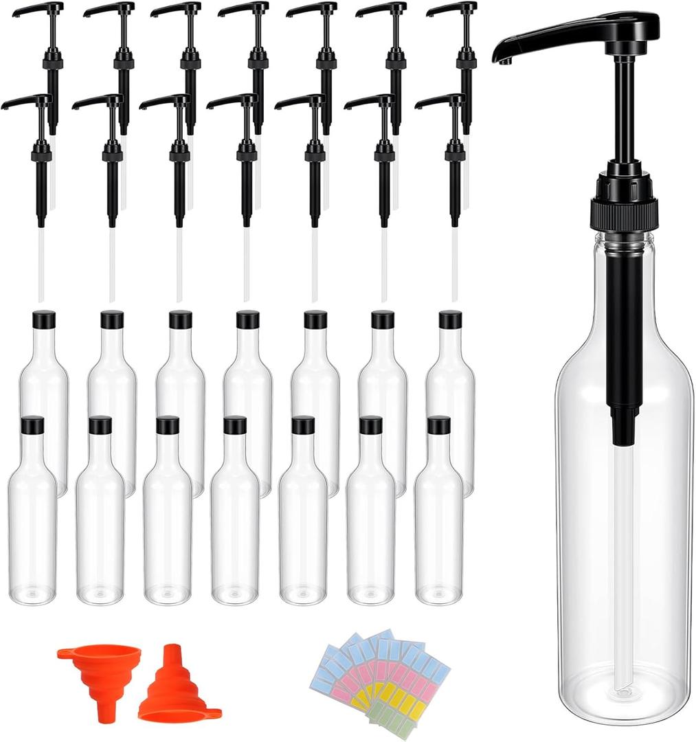 14 Pcs 25 oz Syrup Bottles with Pump Long Neck Plastic Syrup Dispenser Bottles with Funnels and Labels for Coffee Bar Home Party Accessories