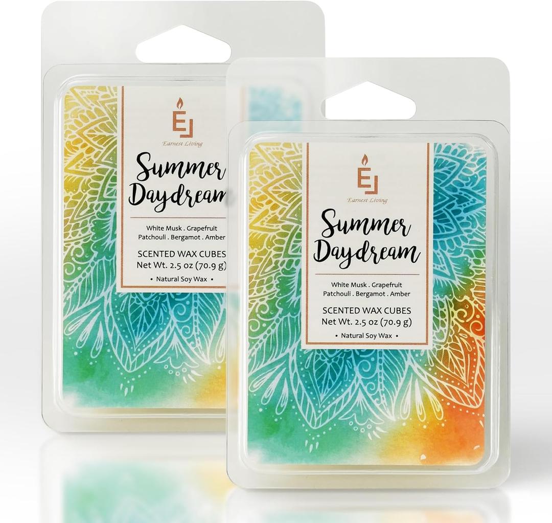 Earnest Living Scented Wax Fragrance Melts Summer Daydream White Musk Grapefruit Patchouli Bergamot Amber Wax Cubes Pack Home Warmer Tart Electric Candle Air Freshener Aroma Decor Gift 2.5 oz (2-Pack)