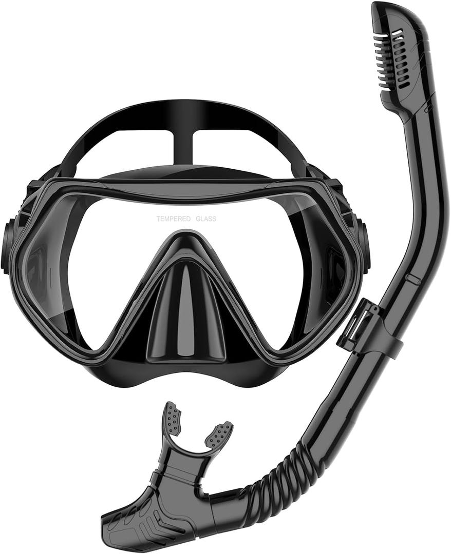 Snorkeling Gear for Adults, Snorkel Set Scuba Diving mask Dry-Top, Adult Swimming Goggles with Nose Cover, HD Tempered Glass Panoramic Anti-Leak Anti-Fog (Black)