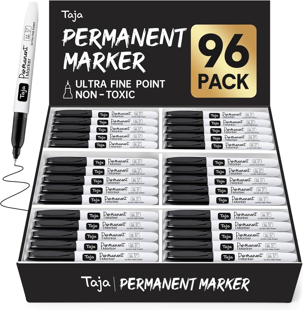 Permanent Markers Ultra Fine Tip, 96 Pack Black Quick-Drying and Fade-Resistant Permanent Markers Bulk Set for Writing and Drawing on Wood, Plastic, Metal, Glass, Ideal for Office School Supplies