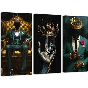 SWQYLB Black Man Canvas Wall Art 3 Pieces African American Pictures Afro King Poster Prints Gold Crown Painting for Men Bedroom Office Decor Framed (Teal, 24x12inchx3 Pieces)