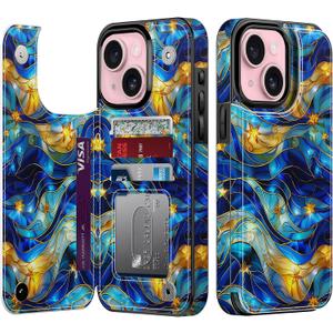 bemal Wallet Case for iPhone 14 Plus, Floral PU Leather Phone Cover for Women with Card Holder Slots, RFID Blocking, Kickstand, Cute Aesthetic Protective Case for Girls, Abstract Bule Gold Water