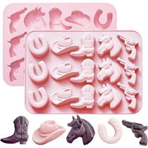 Cowboy Chocolate Molds Silicone, Western Themed Molds with Cowboy Hat, Boot, Horse, Saddle for Candy, Cakesicle, Cupcake, Jello, Ice Cube, Candle & Party Decorations (Pink-2PC)