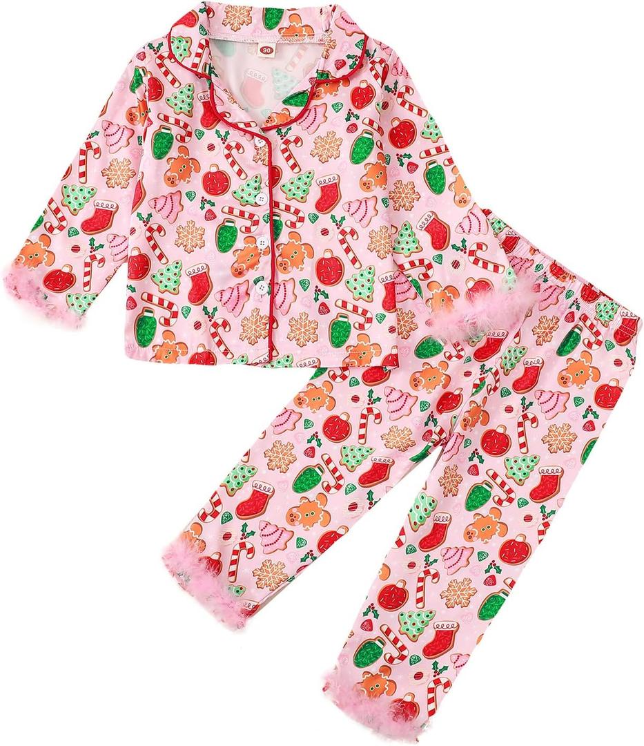 Baby Girl Christmas Pajama Sets Long-Sleeve Button Down Fur Trim Shirt Matching Pants 2 Piece Lounge Set Sleepwear (12-18 Months, Pink)