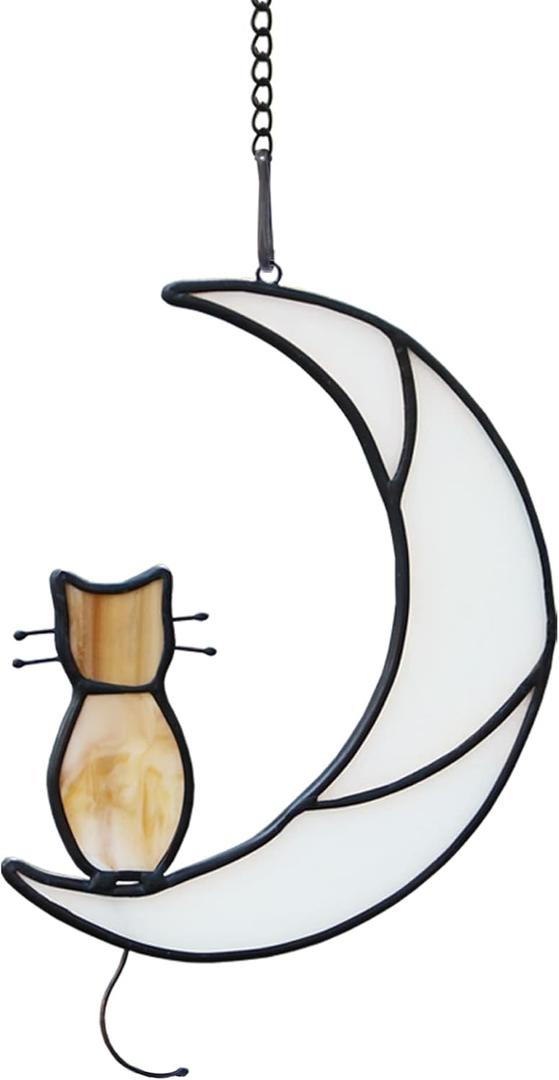 HAOSUM Orange Tabby Cat On Moon Stained Glass Window Hangings,Stained Glass Suncatcher Hanging Ornament Gift for Mom,Cat Memorial Gifts for Pet Lovers, Pet Loss Sympathy Gift (Yellow)