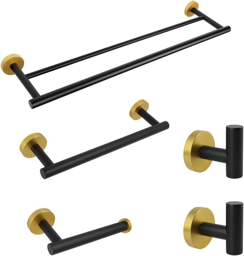 5-Pieces Bathroom Accessories Kit Black & Gold Wall Mounted - Includes 24" Double Towel Bar, 12" Hand Towel Bar, Toilet Paper Holder, 2X Robe Towel Hooks (Black & Gold)