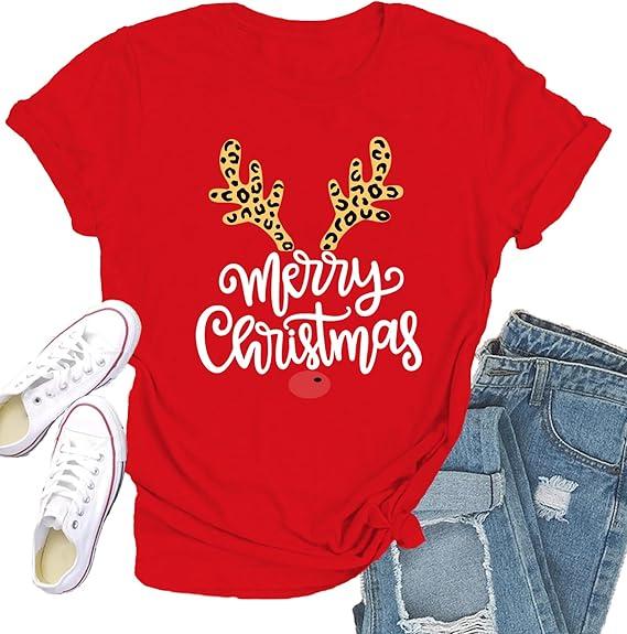Christmas Shirts for Women Merry Christmas Tshirt Xmas Holiday Tee Shirt (Small, Red)