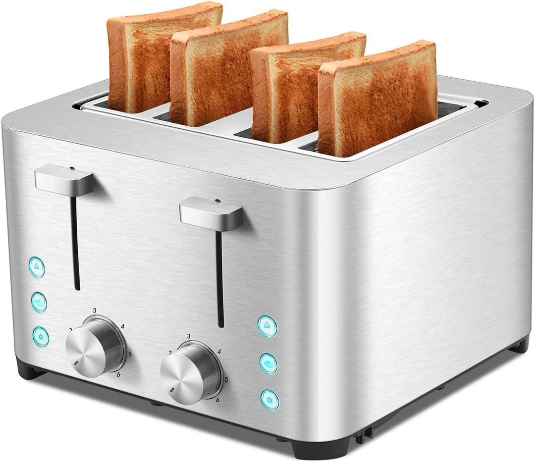 Toaster 4 Slice, Stainless Steel Bread Toasters, Extra Wide Slots, 6 Bread Shade Settings, Bagel/Defrost/Cancel Function, Removable Crumb Tray, 120V/1500W (4 Slice)