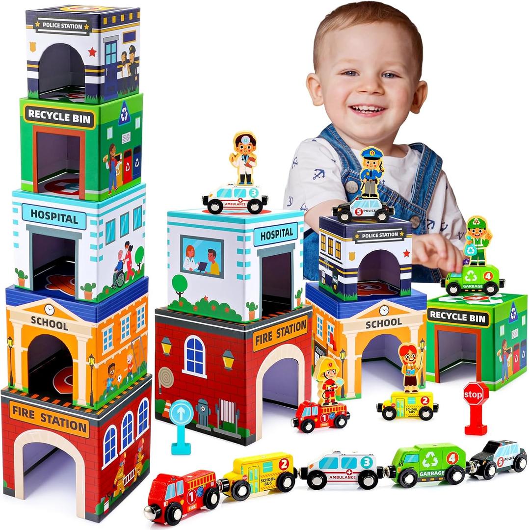 Baby Stacking Toys for Toddlers, Magnetic Wooden Cars & Garage Sorting Community Helpers Preschool Educational Learning Montessori Toys Birthday Gifts for Kids Number Blocks Nesting Boxes