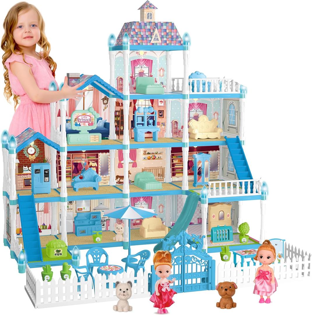 OCRETIC Doll House for Girls,13 Rooms Dollhouse with 2 Dolls, Lights, Figure, Puppies,Furnitures, Accessories, Toddler Playhouse Gift for for 3 4 5 6 7 8 9 10 Year Old Girls Toys (Blue)