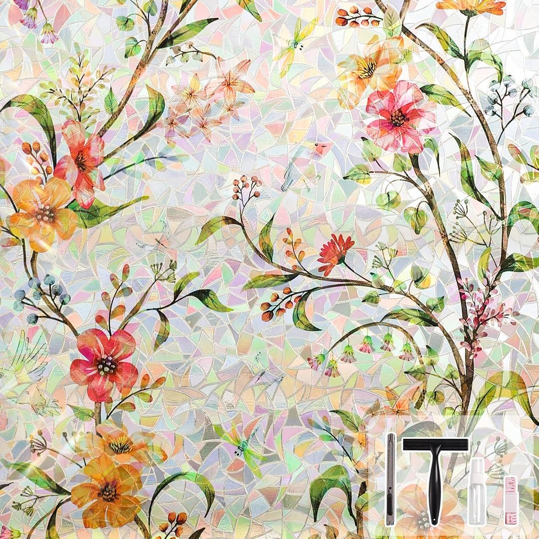 NINETREX Privacy Window Film, Stained Glass Window Film, Floral Rainbow Stickers Static Cling Vinyl Anti UV Heat Control No Glue for Glass Doors Home (Galsang Flower,23.6 x 78.7inch)