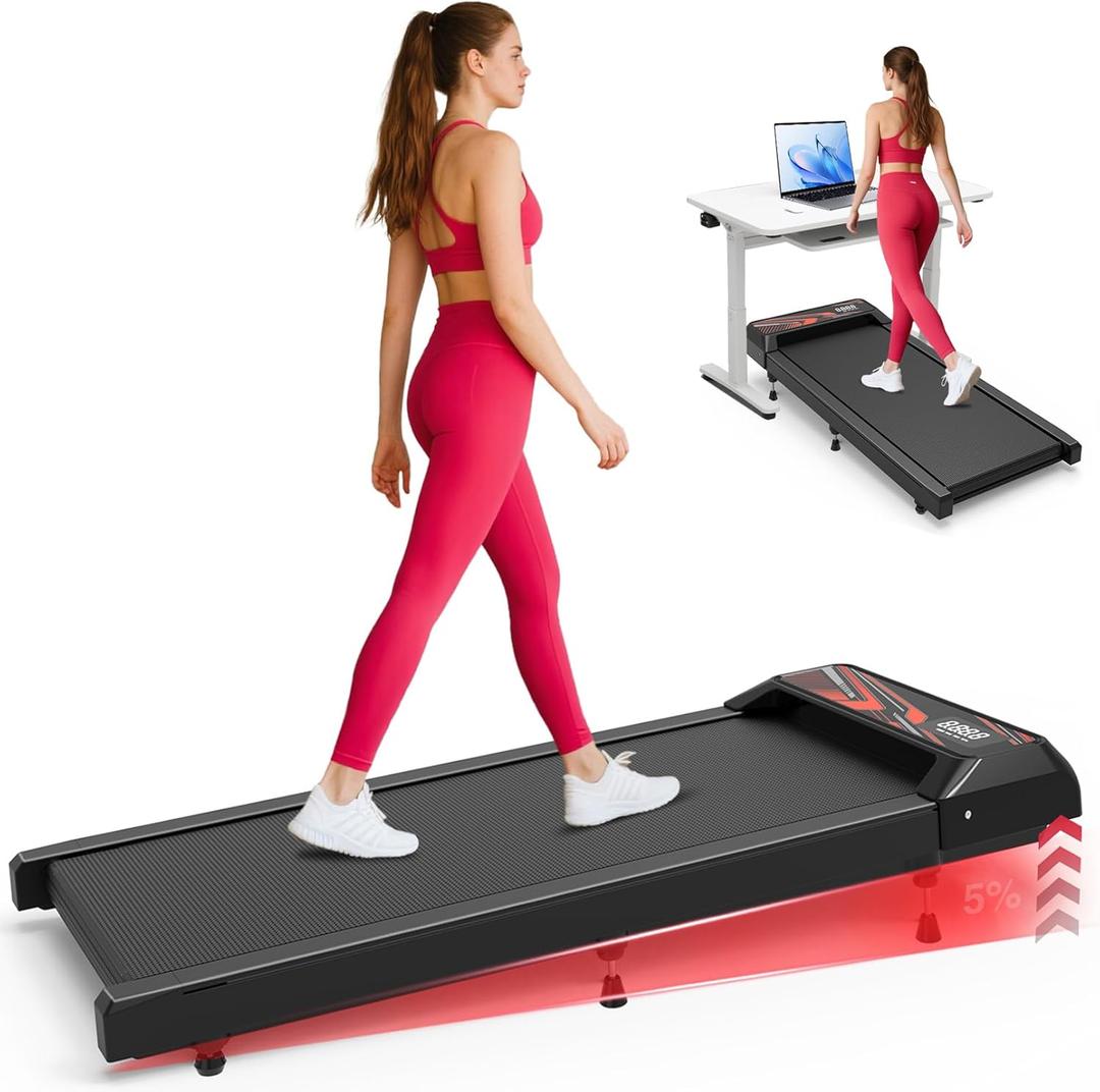 2.5HP Walking Mat with Incline pad,Under Desk Treadmill, Walking Running Pad with Remote, 3 in 1 Low Noise Small Mini Portable Treadmill with Led Screen, Compact Treadmills for Home, 265lbs Capacity (Black.Red)
