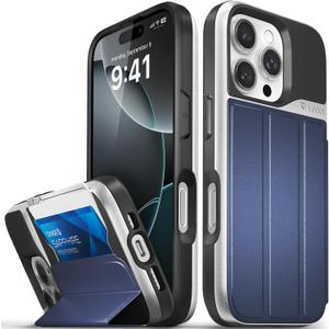 VENA vCommute for iPhone 16 Pro Wallet Case, [Military Grade Drop Protection] Flip Leather Cover Slot Card Holder with Kickstand - Blue