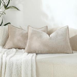 Stellhome Lumbar Chenille Throw Pillow Covers Set of 2 Super Soft Textured Decorative Pillow Covers Accent Solid Cushion Cover for Couch Sofa Bedroom Living Room 12x20 Inch, Light Tan