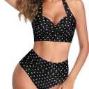 Tempt Me Women Two Piece Swimsuit High Waisted Bikini Halter Vintage Retro Bathing Suit Push up Swimwear (Black, L)