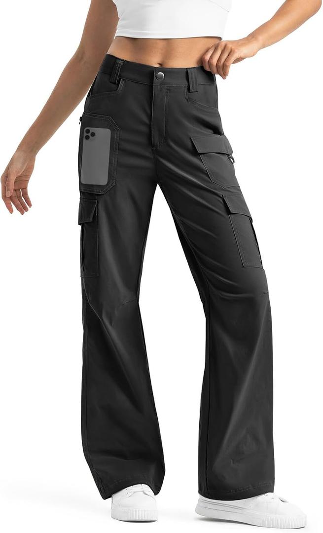 Moosehill Women's-Cargo-Hiking-Pants-High-Waisted Wide Leg Water Resistance Lightweight Stretch for Work Casual Outdoor (14, Black)