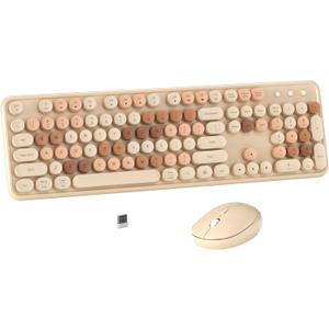 Colorful Wireless Computer Keyboard and Mouse Combo with Round Typewriter Keycaps, Retro Design, Power Switch, Ergonomic Design, 2.4GHz Wireless for Windows, Mac, PC(Milk-Tea Colorful)