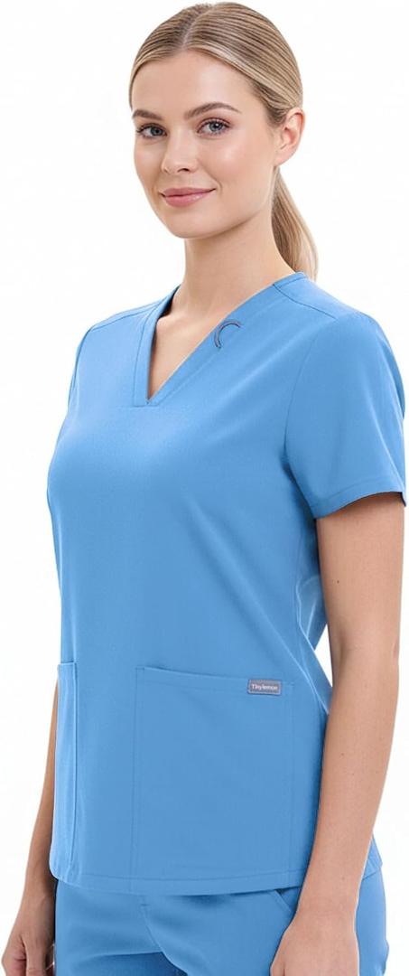 TINYLEMON Women Scrub Top - 3 Pockets V-Neck Slim Fit with Badge Loop Four-Way Stretch Anti-Wrinkle Women T-Shirts (Blue, XL)