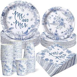Zhehao 250 Pcs Mr. and Mrs. Bridal Shower Plates Napkins Sets 50 Pcs 9'' Dinner Plates and 7'' Dessert Plate and 9oz Cups 100 Napkins Serves 50 Party Supplies Bridal Shower Engagement Decoration (Blue)