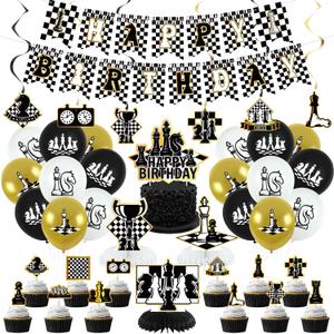Chess Birthday Party Decorations - Chess Party Supplies including Happy Birthday Banner, Spirals, Cake Toppers, Table Centerpieces, Balloons (LQ)