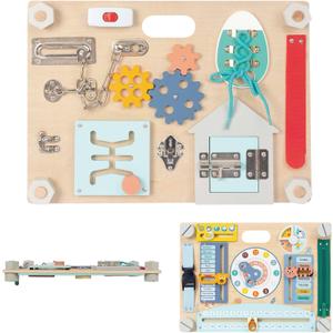 Montessori Busy Board for Toddlers 1-3, Double-Sided Wooden Sensory Toys, Preschool Learning Activities for Fine Motor Skills Travel Toy for 1 2 3 Years Old Kids Boys Girls (Style 1)