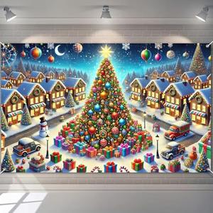 BlissYard Christmas Village Backdrop 70.9 x 43.3 Inch Winter Wonderland Tree and Snowy Houses Banner with Gifts, Snowman & Lights for Indoor Outdoor Holiday Party Photo Background