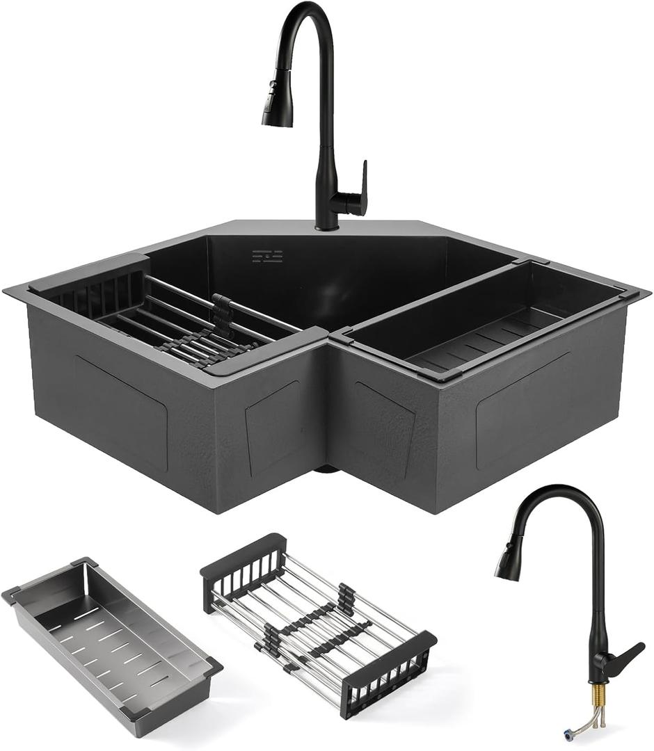Corner Kitchen Sink with Pull Down Faucet, 304 Undermount Stainless Steel Butterfly Design, 25 Inch Drop In Large Modern Single Bowl Black Corner Sink, Includes Extendable Faucet, Draining Rack & Tray