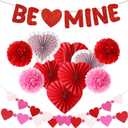 Fulmoon 13 Pcs Valentine Paper Kit Party Decorations, Valentine's Day Decorations Paper Flowers Hanging Fan Heart Craft Kit with Be Mine Banner, for Anniversary, Wedding, Engagement Party