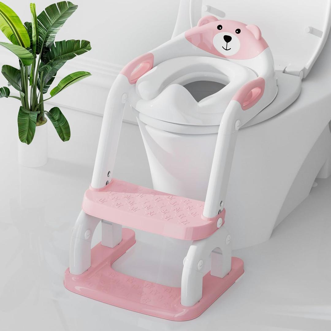 Potty Training Seat with Step Stool, Toddler Potty Training Toilet Seat with Non-Slip Step Splash Guard Safety Handles and Waterproof Cushion, 2 In 1 Toddler Potty Seat (Pink)