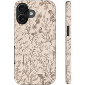 for iPhone 16 Plus Case Cute  Wireless Charging Compatible  Dual-Layer Shockproof Protection with Stylish Wildflower Design  Protective Cover for Women - Beige Botanical Floral