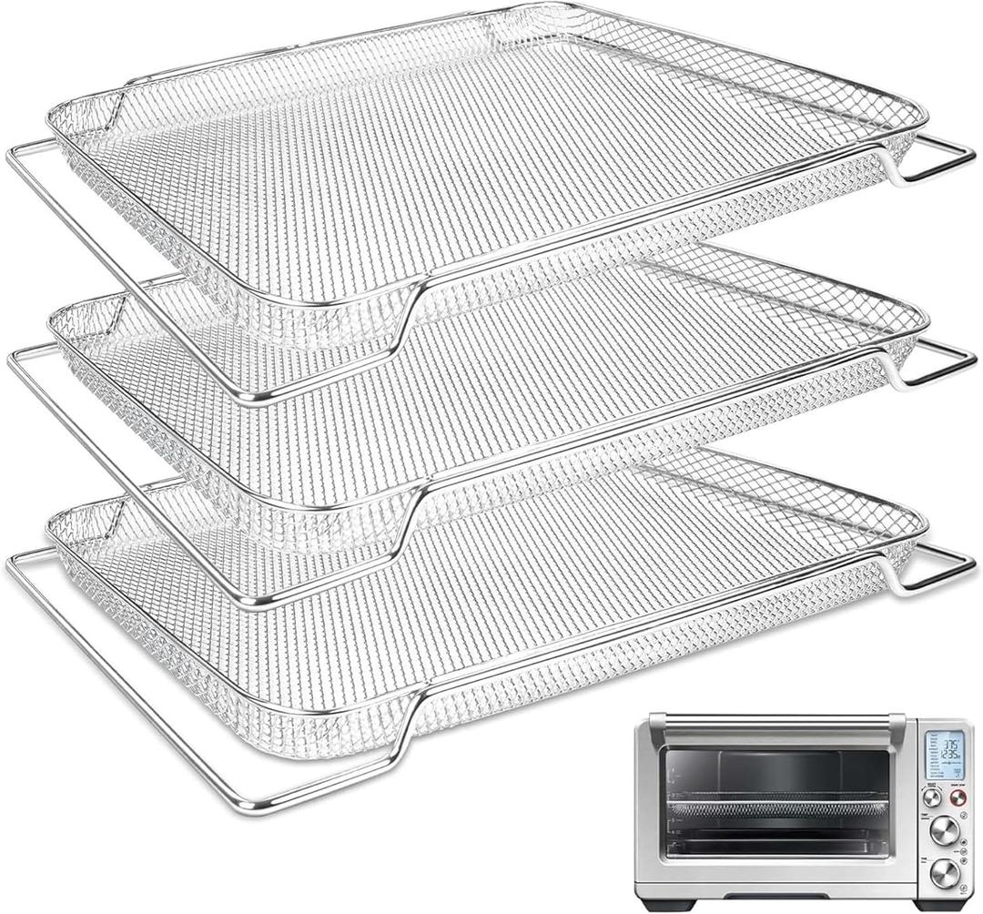 Air Fryer Basket for Breville Smart Oven Air Fryer Pro, 3PCS Steel Mesh Dehydrate Baking Microwave Oven Baskets Accessories Tray for Basket BOV900 and BOV950 Toaster (16.5"D x 11.8"W x 0.5"H)