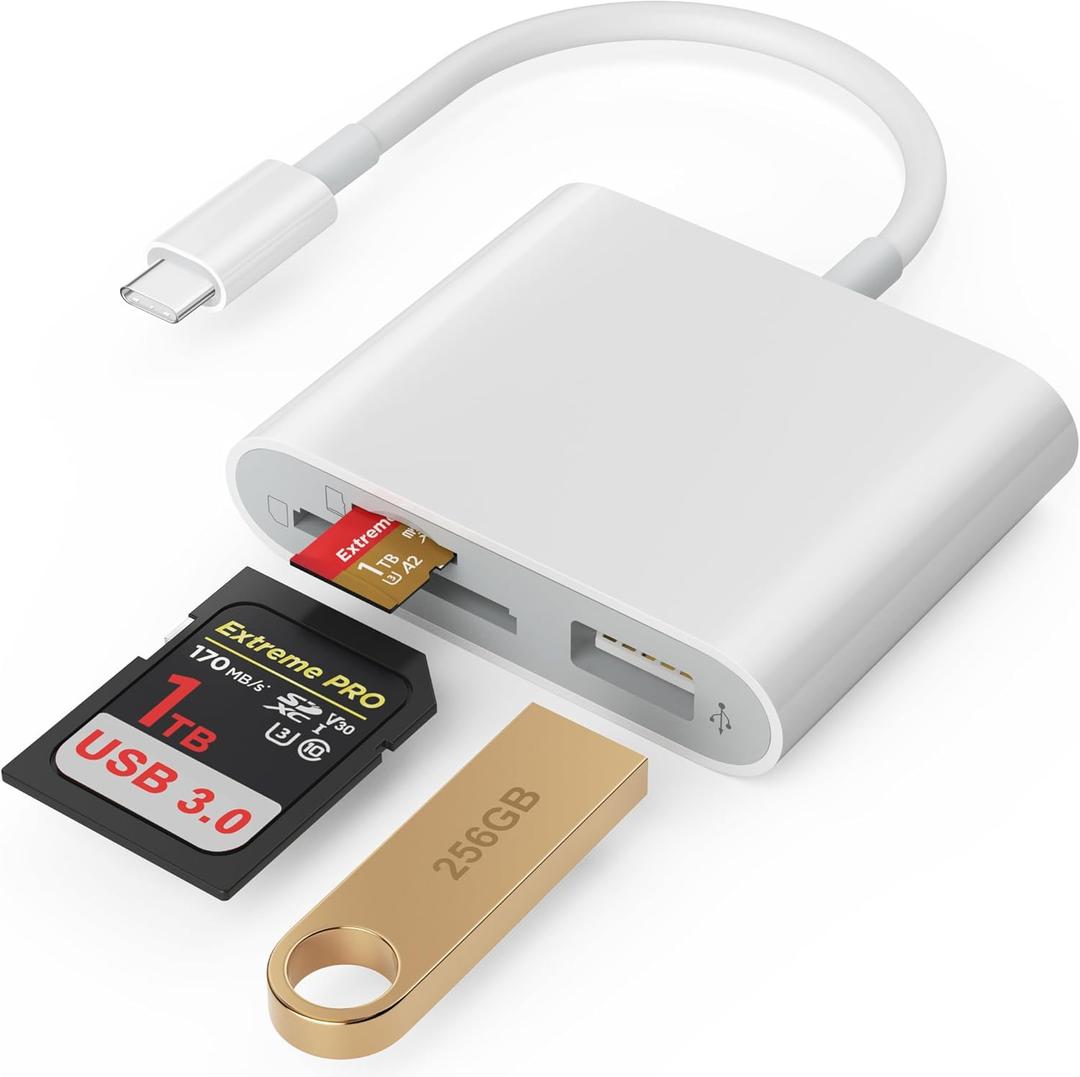 SD Card Reader, USB 3.0 Type C High Speed to SD/TF Card Adapter for iPhone 17/16/15 Pro Max Memory Card Reader with SD MicroSD USB 3 Port for Mac/iPad/MacBook Pro/Air Android Phone Tablet(White)
