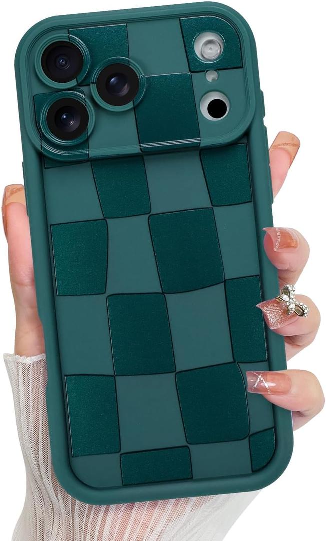 KANGHAR Compatible with iPhone 17 Pro Case 2025, Silicone Checkered Cute Pattern, Camera Protection Soft Slim Shockproof Edge Phone Cover for Girls Women -Green