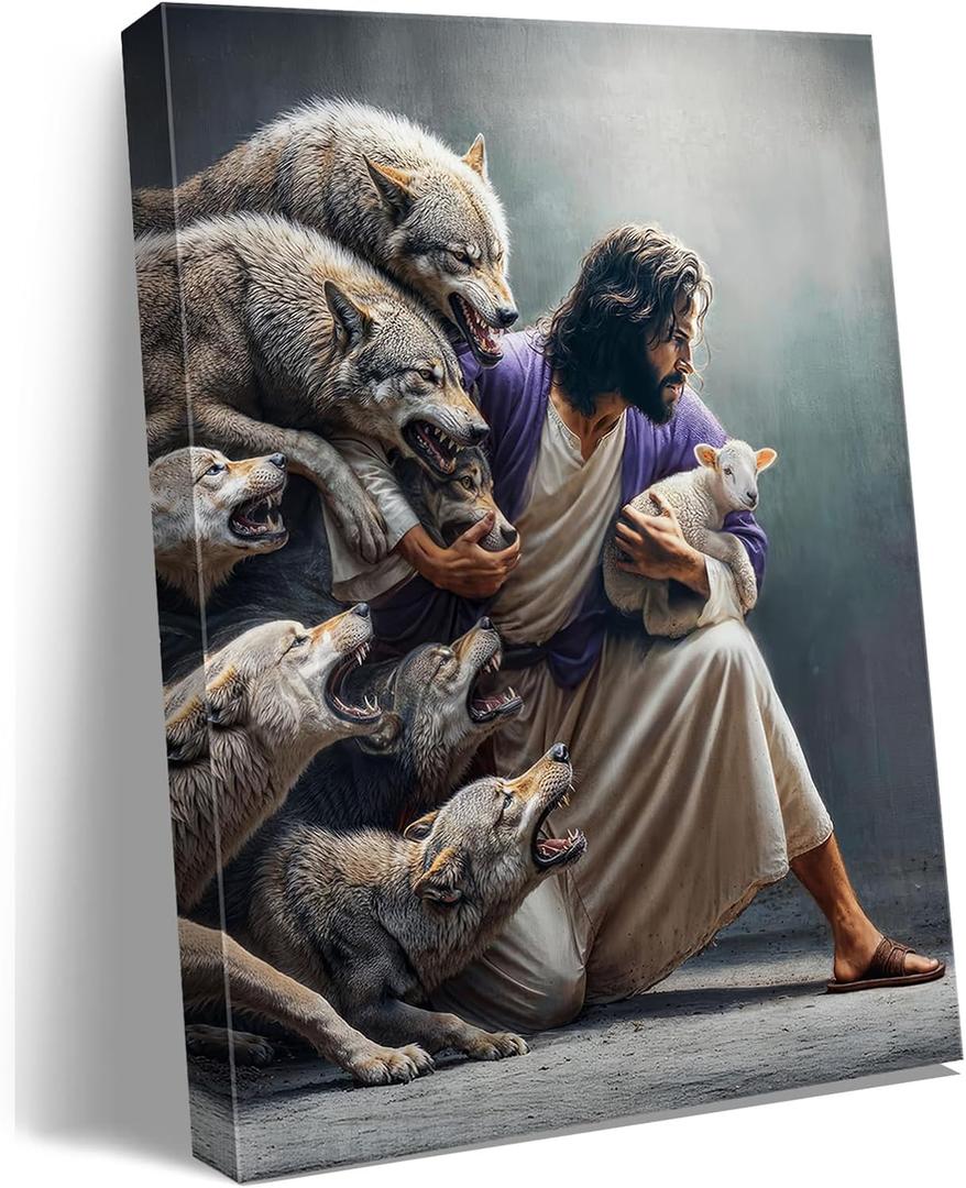 Christian Wall Art Jesus the Good Shepherd Saving Lost Sheep - Guardian Shepherd Protecting Lamb from Wolves, Bible Canvas Print for Church decor Home Decor, Living Room Bedroom,Gift for catholic Women,Christians.A-419 (12"x15")