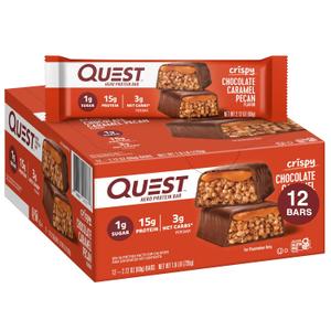 Quest Nutrition Crispy Chocolate Caramel Pecan Hero Protein Bar, 15g Protein, 1g Sugar, 3g Net Carb, Gluten Free Protein Snack, Keto Friendly, 12 Count, Best By 03/24/26
