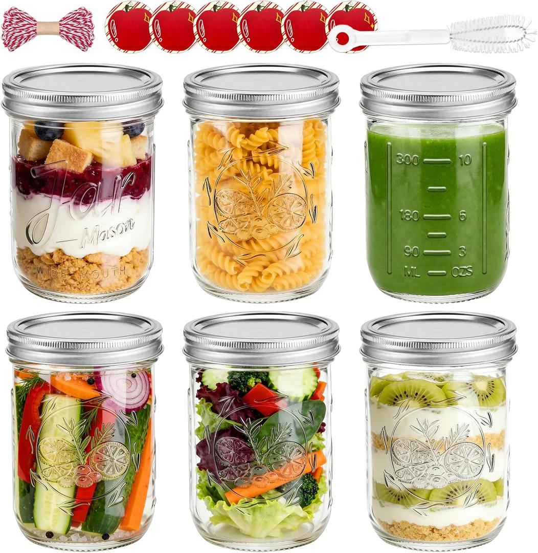 16 oz Wide Mouth Mason Jars with Embossing Pattern, 6 Pack Canning Jars with Volume Marks,Pint Glass Jars with lids for Fermenting,Pickling,Preserving,Meal Prep,Pantry organization,Gift Giving&Crafts
