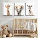 Lhoiplme Nursery Animal Wall Art Safari Baby Wall Decor Boy Room Nursery Canvas Prints Jungle Animal Art Pictures Kids Cute Safari Poster for Girl Bedroom 12x16 Inch Wrapped Canvas Set of 3 (Elephant Giraffe Prints)