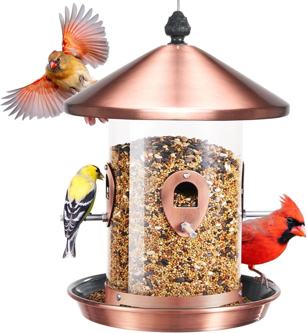 Kingsyard 4.5-Cups Large Metal Bird Feeders for Outdoors Hanging with 8 Ports, Tube Bird Feeder with Seed Tray, Weatherproof Squirrel Proof Roof for Cardinal Finch, Copper