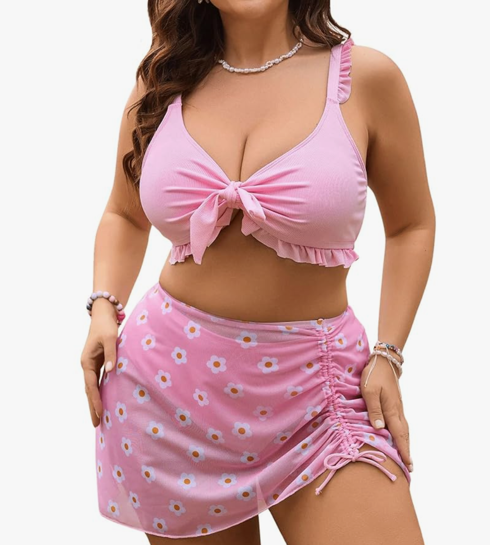 MakeMeChic Women's Size  4XL 3 Piece Bikini Set Tie Front Ruffle Rib Knit Bathing Suit with Floral Cover Up Skirt