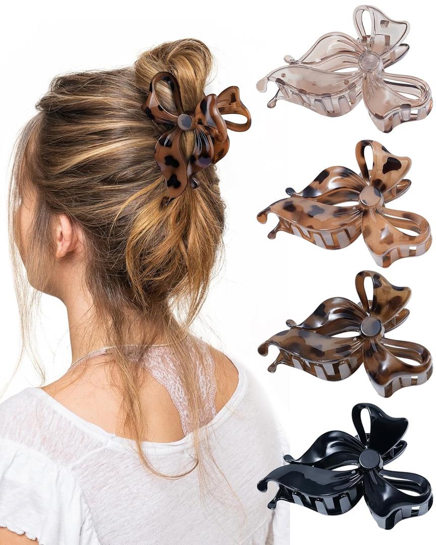 4 PCS Bow Hair Clips Bow Claw Clip for Women, Large Hair Claw Clips for Thin Thick Long Hair Cute Nonslip Bows (Black+Leopard Dark Brown+Leopard Light Brown+Gray)