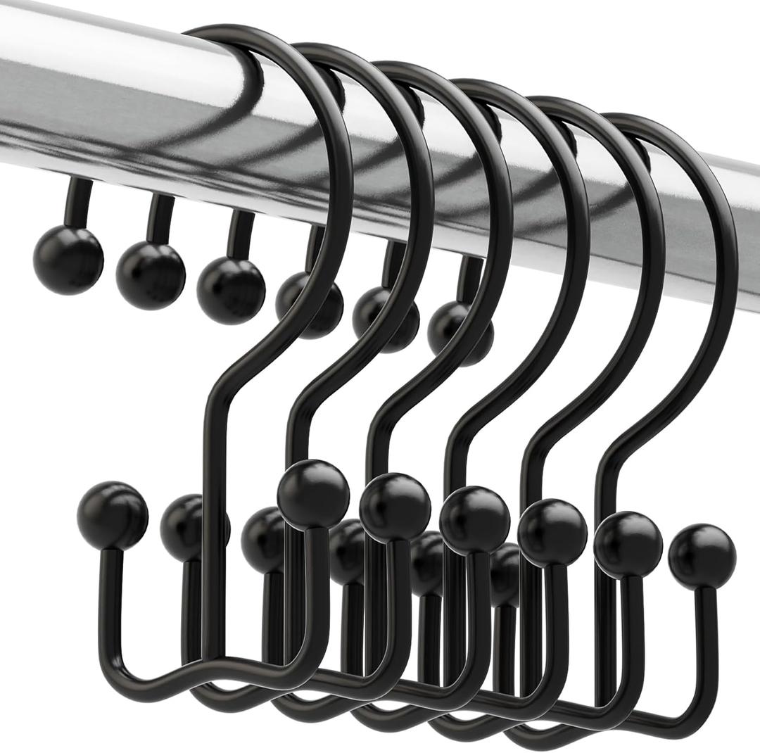 Titanker Shower Curtain Hooks Black, Minimalist Simple Double Glide Shower Curtain Rings, Rust Proof Metal Shower Hooks Rings for Bathroom Shower Rods Curtains, Set of 12 Hooks