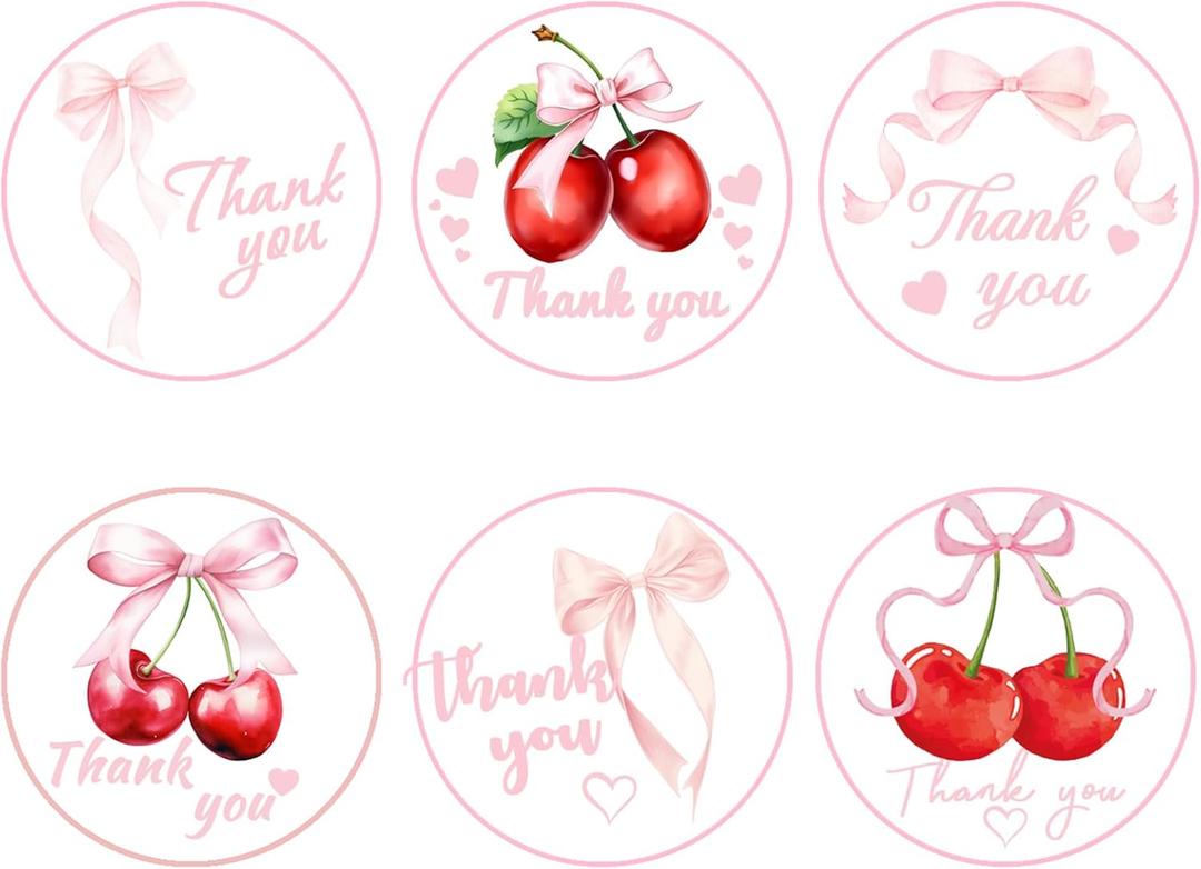 600 Pcs 2 Inch Pink Bow Thank You Stickers, 6 Styles Coquette Thank You Labels Roll for Girl Baby Shower, Cute Pink Bow Adhesive for Wedding Birthday Business Party Decoration Favors