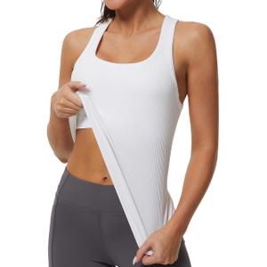 MathCat Workout Tank Tops for Women Athletic Basic Tanks Seamless Running Muscle Racerback Ribbed Yoga Tops with Built in Bra White (White, L)