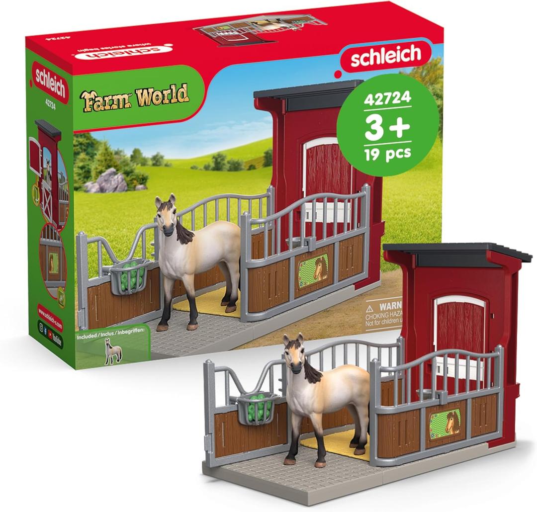 Schleich Farm World - 4pc Horse Stall and Mare Toy Set for Kids. Customizable Write-On Name Tag for Realistic Pony Box. Farm Animal Toys for Boys and Girls. Fun Interactive Play for Kids Ages 3+ 42724