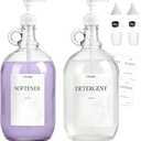 2 Pcs Glass Liquid Laundry Detergent Dispenser, Half Gallon Laundry Soap Dispenser for Laundry Room (64 oz. Each), Laundry Detergent Bottles with Pump Dispenser -Includes Labels, Funnel, Measuring Cup
