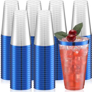 Patelai 100 Pcs 16oz Clear Plastic Cups with Rim Disposable Tumblers Heavy Duty Drinking Wine Glasses for Weddings, Easter, Graduation, Christmas Parties, Events(Blue)