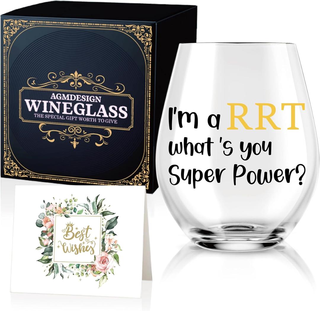 AGMDESIGN I'm A RRT What's Your SuperPower Wine Glass, Funny Respiratory Therapist Gifts for Women Men Nurses Doctors, RRT Thank You Present, Graduation Gifts for Respiratory Tech Colleagues Students, 15oz